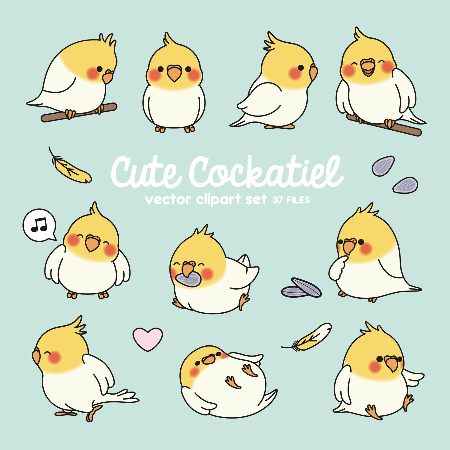 Premium Vector Clipart - Kawaii Cockatiel - Cute Cockatiel Clipart Set - High Quality Vectors - Instant Download - Kawaii Clipart