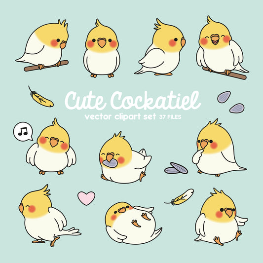 Premium Vector Clipart - Kawaii Cockatiel - Cute Cockatiel Clipart Set - High Quality Vectors - Instant Download - Kawaii Clipart