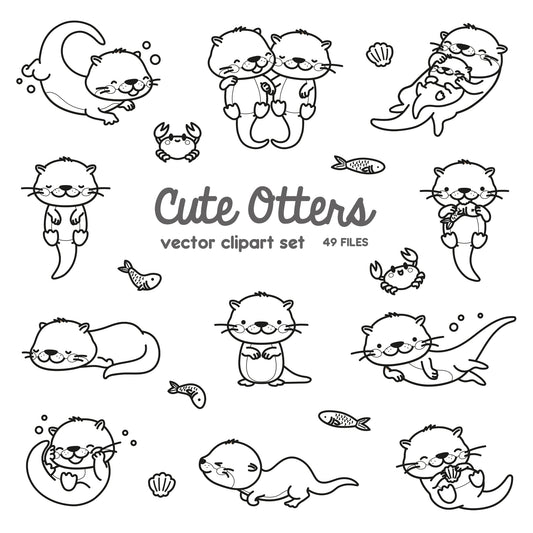 Premium Vector Clipart - Kawaii Otters - Cute Otters Clipart Set - High Quality Vectors - Instant Download - Kawaii Clipart - Outlines