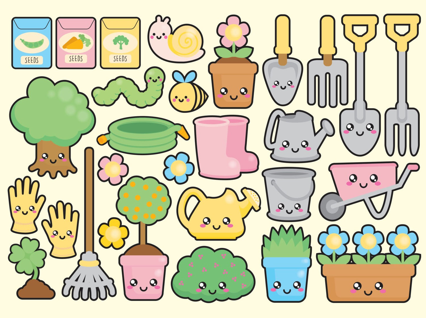 Premium Vector Clipart - Kawaii Gardening Clipart - Kawaii Garden Clip Art Set - High Quality Vectors - Instant Download - Kawaii Clipart