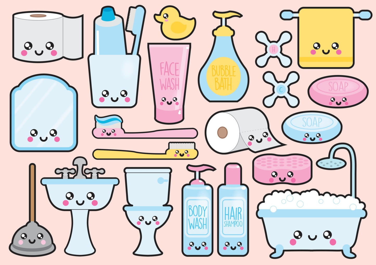 Premium Vector Clipart - Kawaii Bathroom Clipart - Kawaii Bathroom Clip art Set - High Quality Vectors - Instant Download - Kawaii Clipart