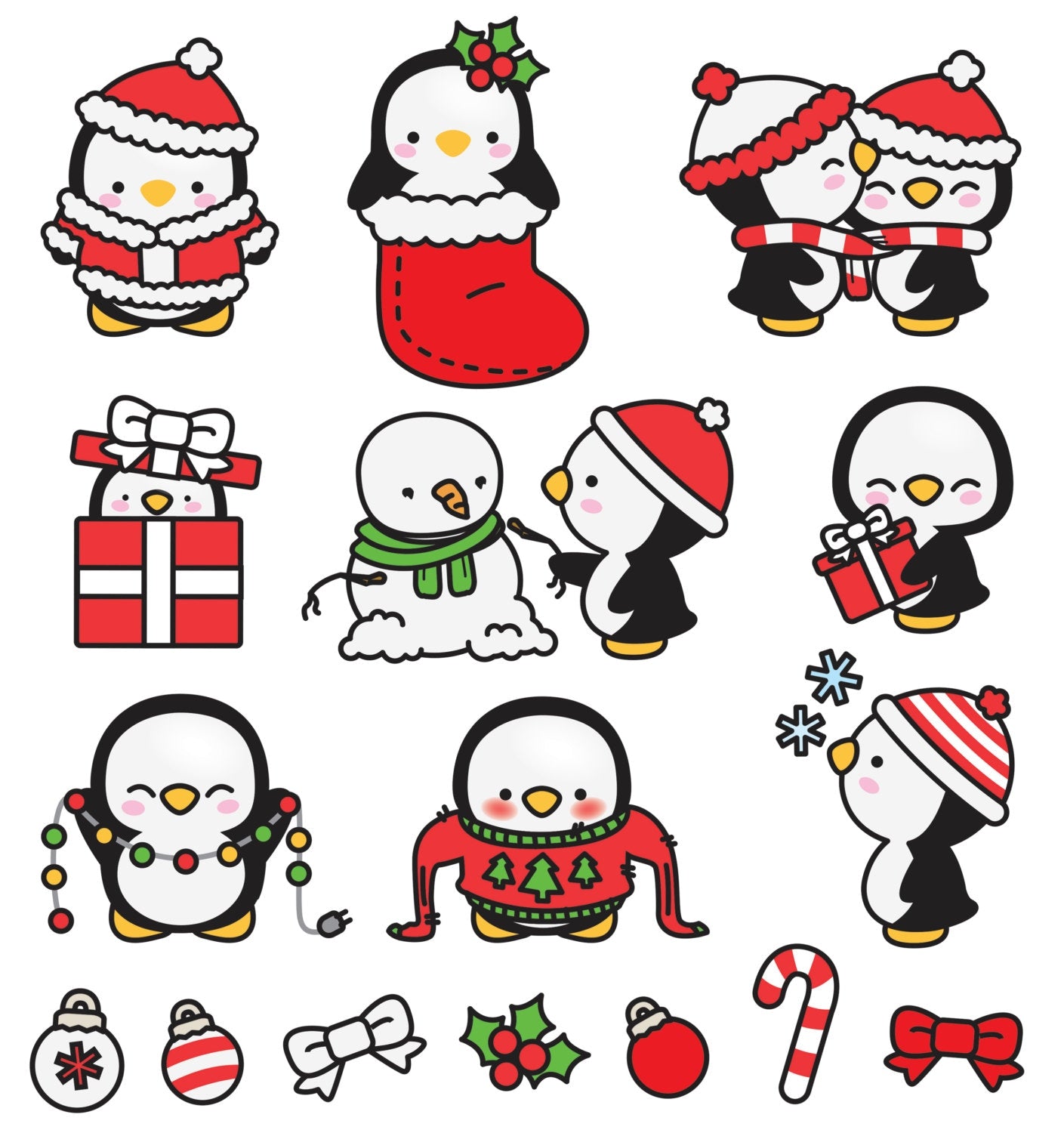 Premium Vector Clipart - Kawaii Christmas Penguins - Cute Christmas Penguins Clipart Set - High Quality Vectors - Kawaii Christmas Clipart