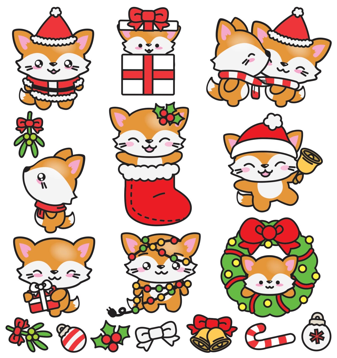 Premium Vector Clipart - Kawaii Christmas Foxes - Cute Christmas Foxes Clipart Set - High Quality Vectors - Kawaii Christmas Fox Clipart