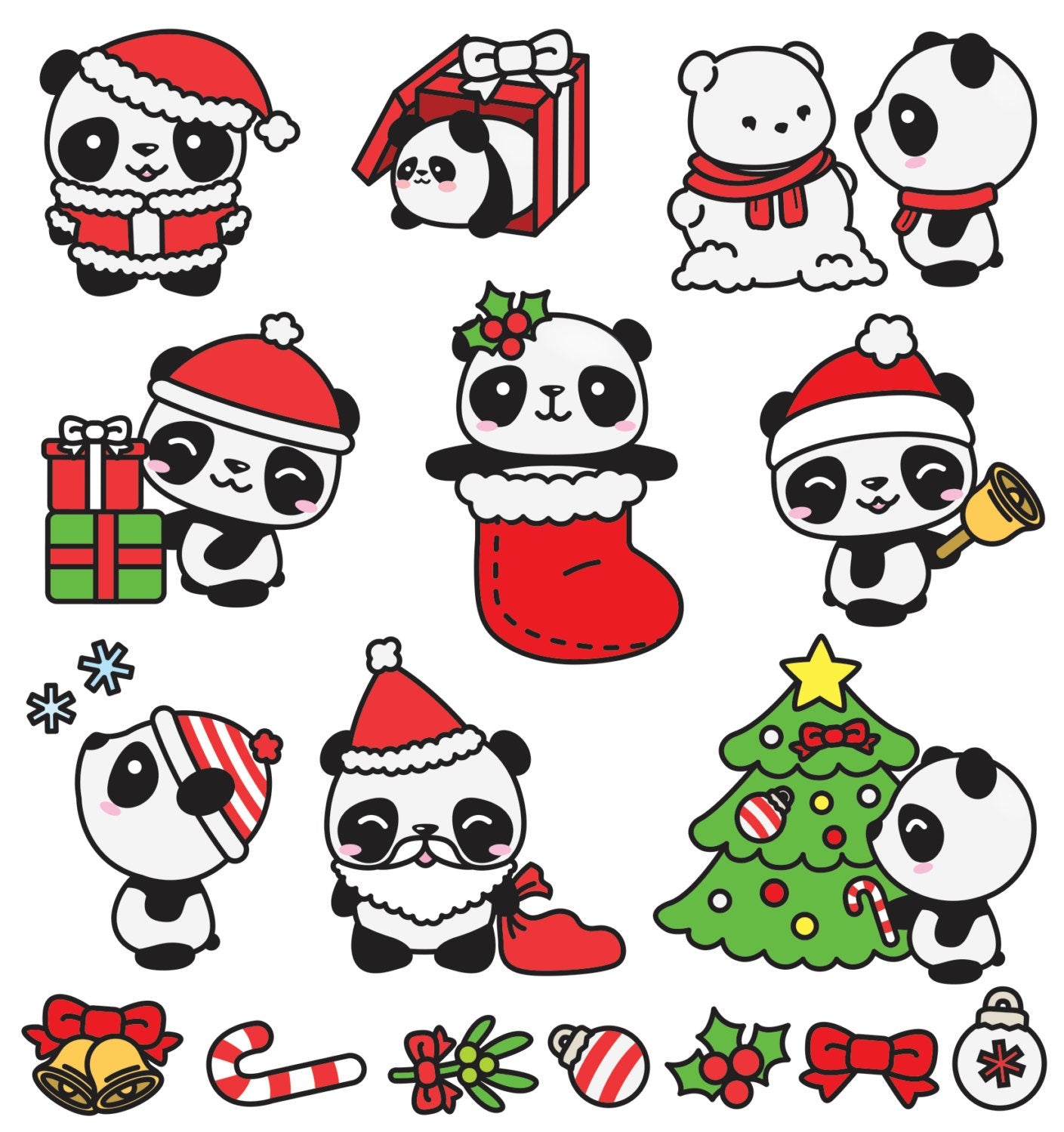 Premium Vector Clipart - Kawaii Christmas Pandas - Cute Christmas Panda Clipart Set - High Quality Vectors - Kawaii Christmas Clipart