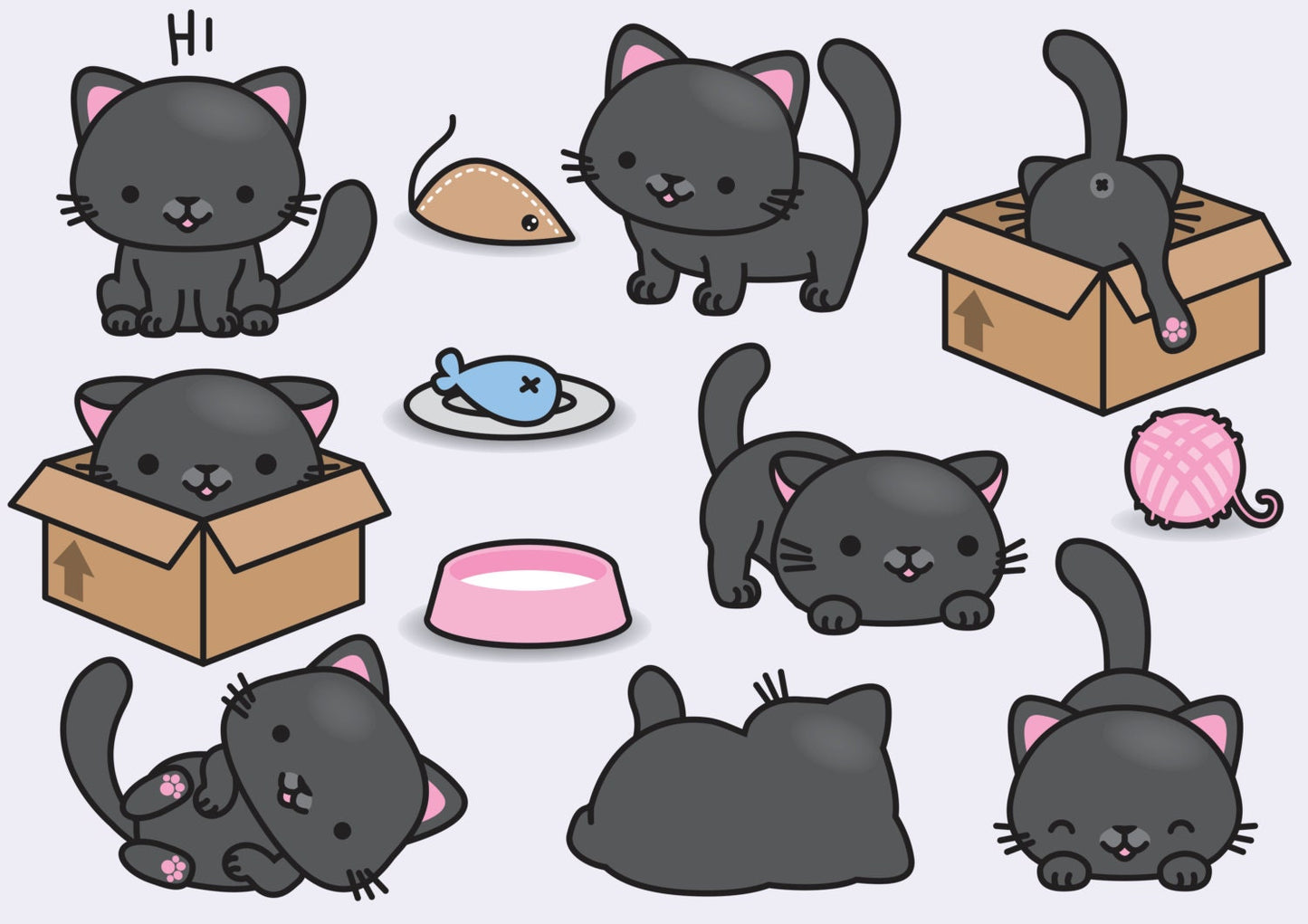 Premium Vector Clipart - Kawaii Black Cats - Cute Black Cats Clipart Set - High Quality Vectors - Instant Download - Kawaii Cats Clipart