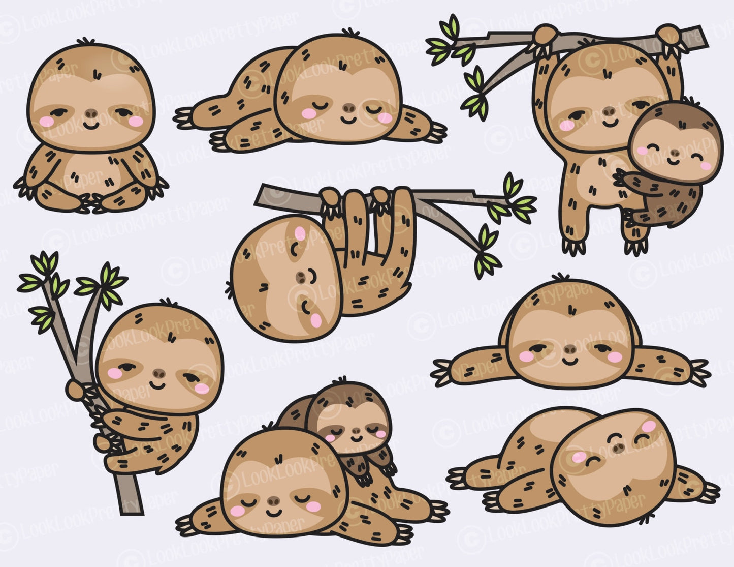 Premium Vector Clipart - Kawaii Sloth - Cute Sloths Clipart Set - High Quality Vectors - Instant Download - Kawaii Clipart