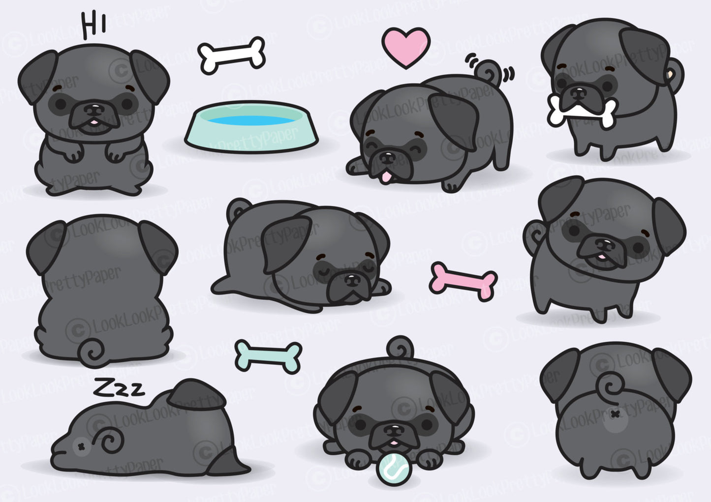 Premium Vector Clipart - Kawaii Pugs - Cute Black Pugs Clipart Set - High Quality Vectors - Instant Download - Kawaii Clipart