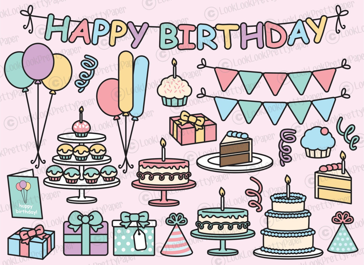 Premium Vector Clipart - Kawaii Birthday - Cute Birthday Party Clipart Set - High Quality Vectors - Instant Download - Kawaii Clipart