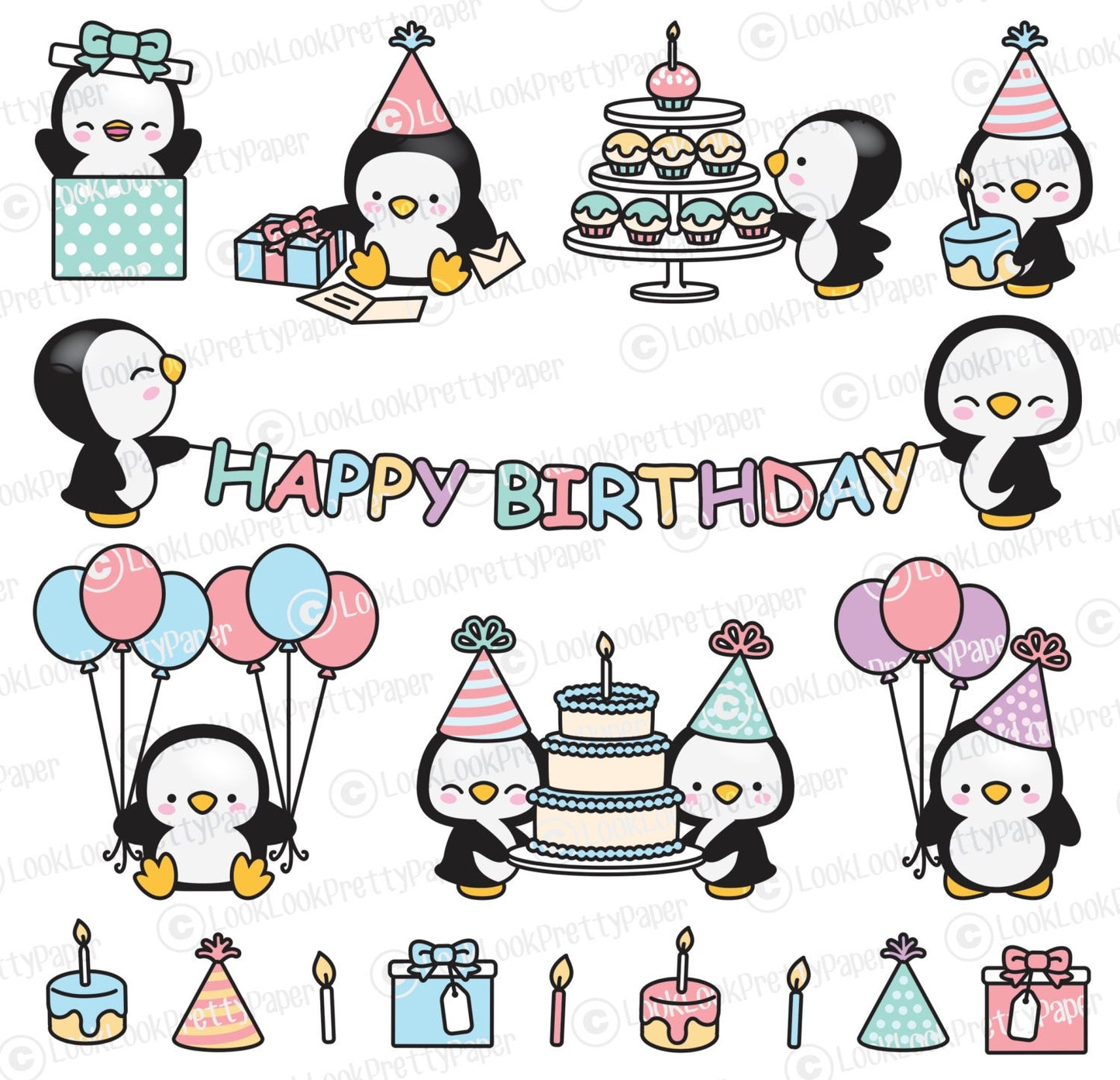 Premium Vector Clipart - Kawaii Birthday Penguins - Cute Birthday Penguins Clipart Set - High Quality Vectors - Kawaii Christmas Clipart