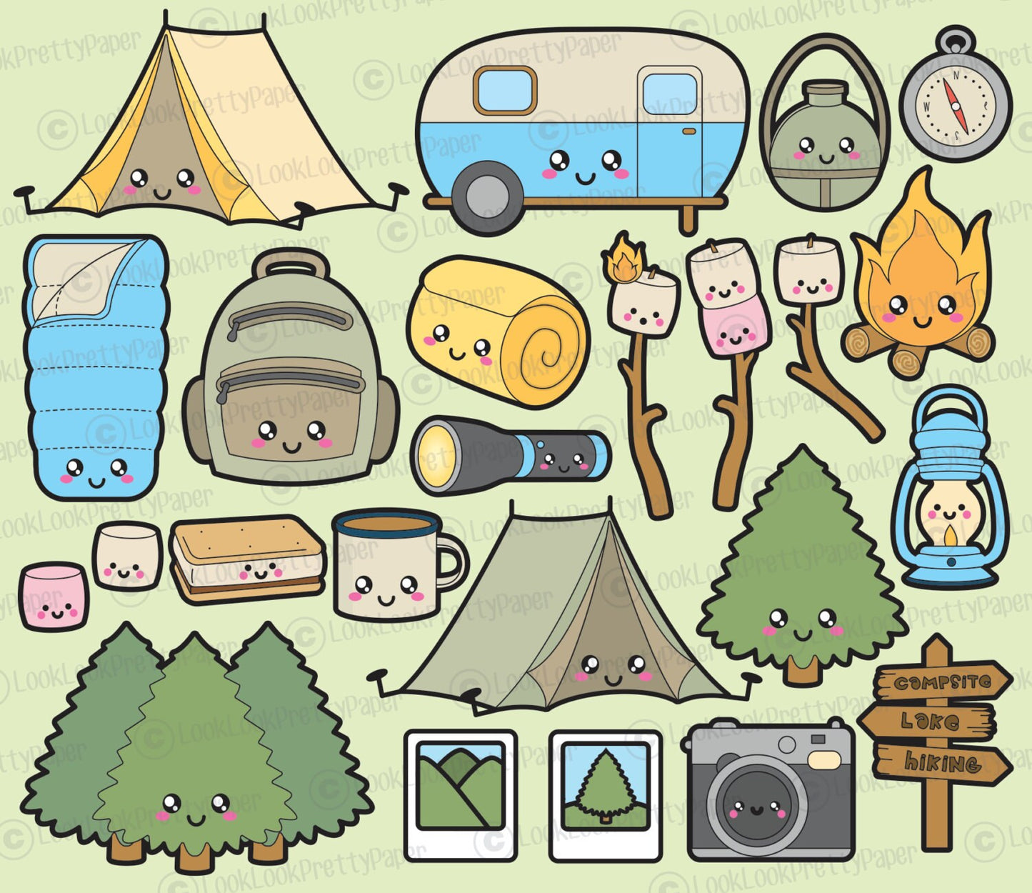 Premium Vector Clipart - Kawaii Camping Clipart - Kawaii Camping Clip art Set - High Quality Vectors - Instant Download - Kawaii Clipart