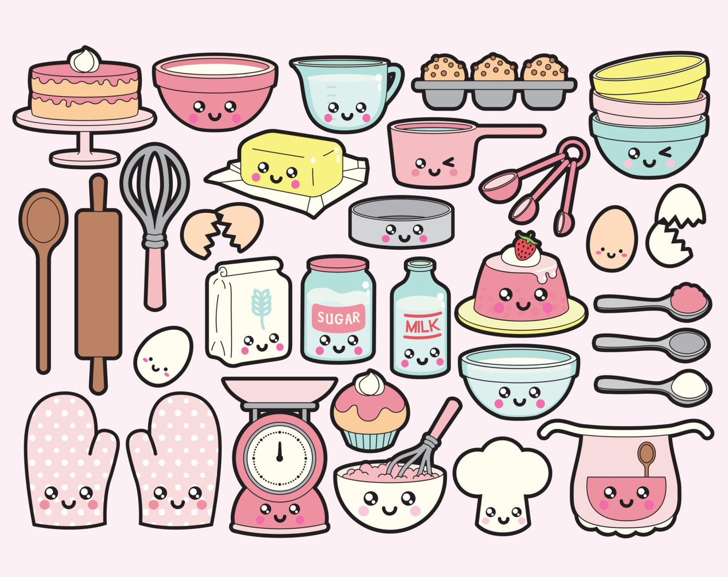 Premium Vector Clipart - Kawaii Baking Clipart - Kawaii baking Clip art Set - High Quality Vectors - Instant Download - Kawaii Bake Clipart