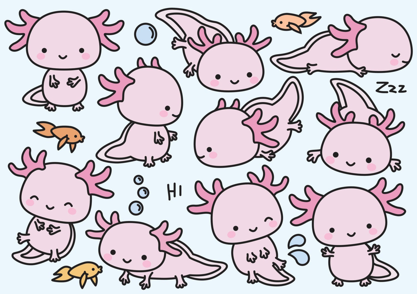 Premium Vector Clipart - Kawaii Axolotls - Cute Axolotl Clipart Set - High Quality Vectors - Instant Download - Kawaii Clipart