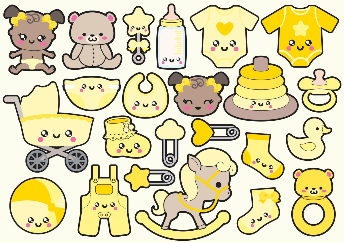 Premium Vector Clipart - Kawaii Baby Clipart - Kawaii Baby Clip art Set Yellow - High Quality Vectors - Kawaii Maternity Clipart