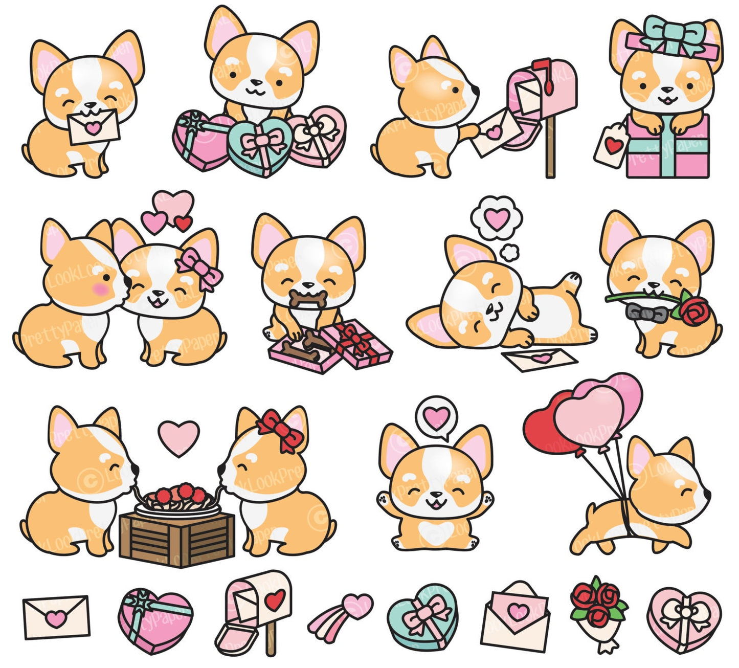 Premium Vector Clipart - Kawaii Valentines Corgis - Valentines Day Corgi Clipart Set - High Quality Vectors Cute Valentines Day Clipart