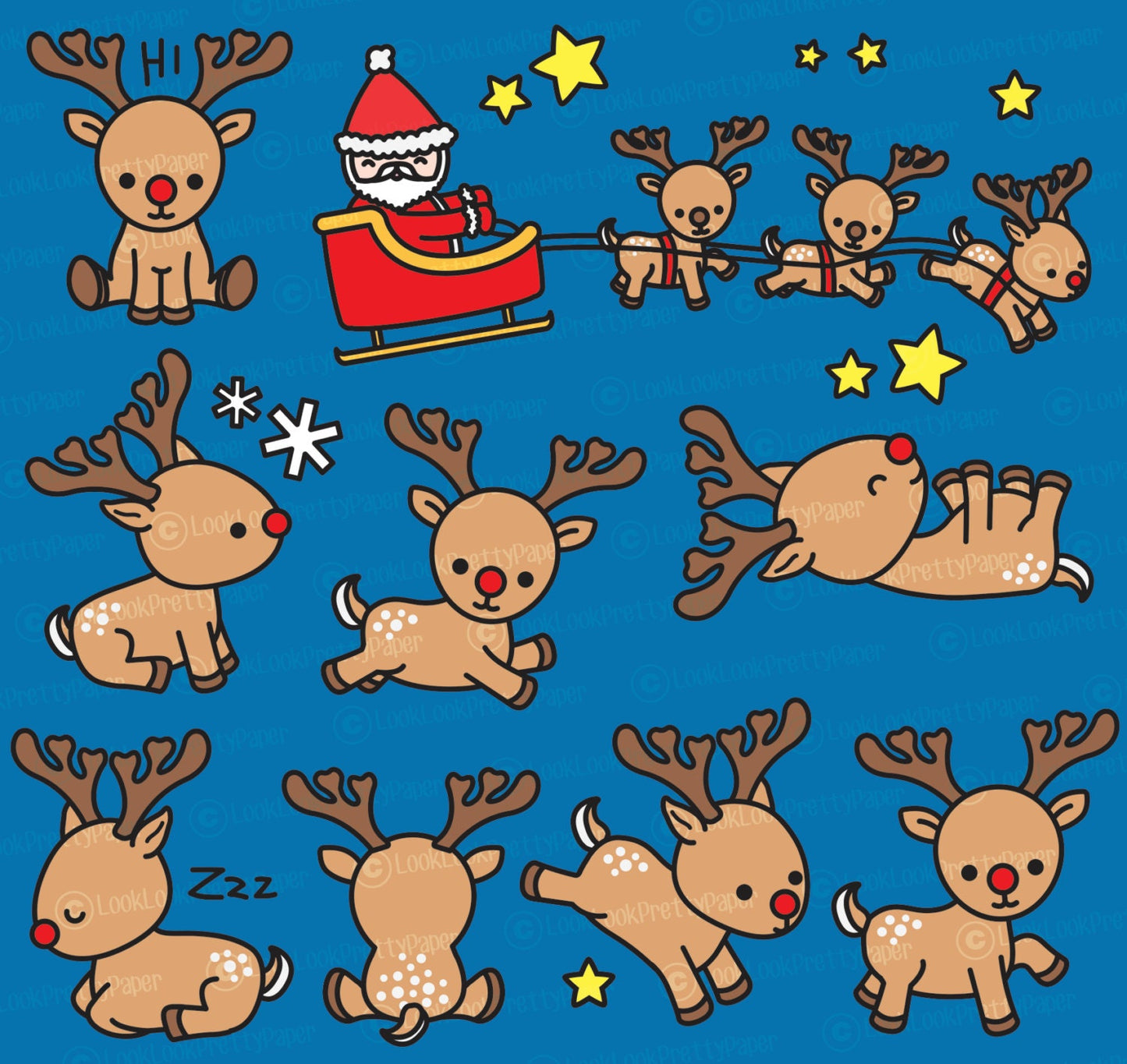 Premium Vector Clipart - Kawaii Rudolph the Red Nosed Reindeer - Cute Reindeer Clipart Set - High Quality Vectors - Kawaii Christmas Clipart