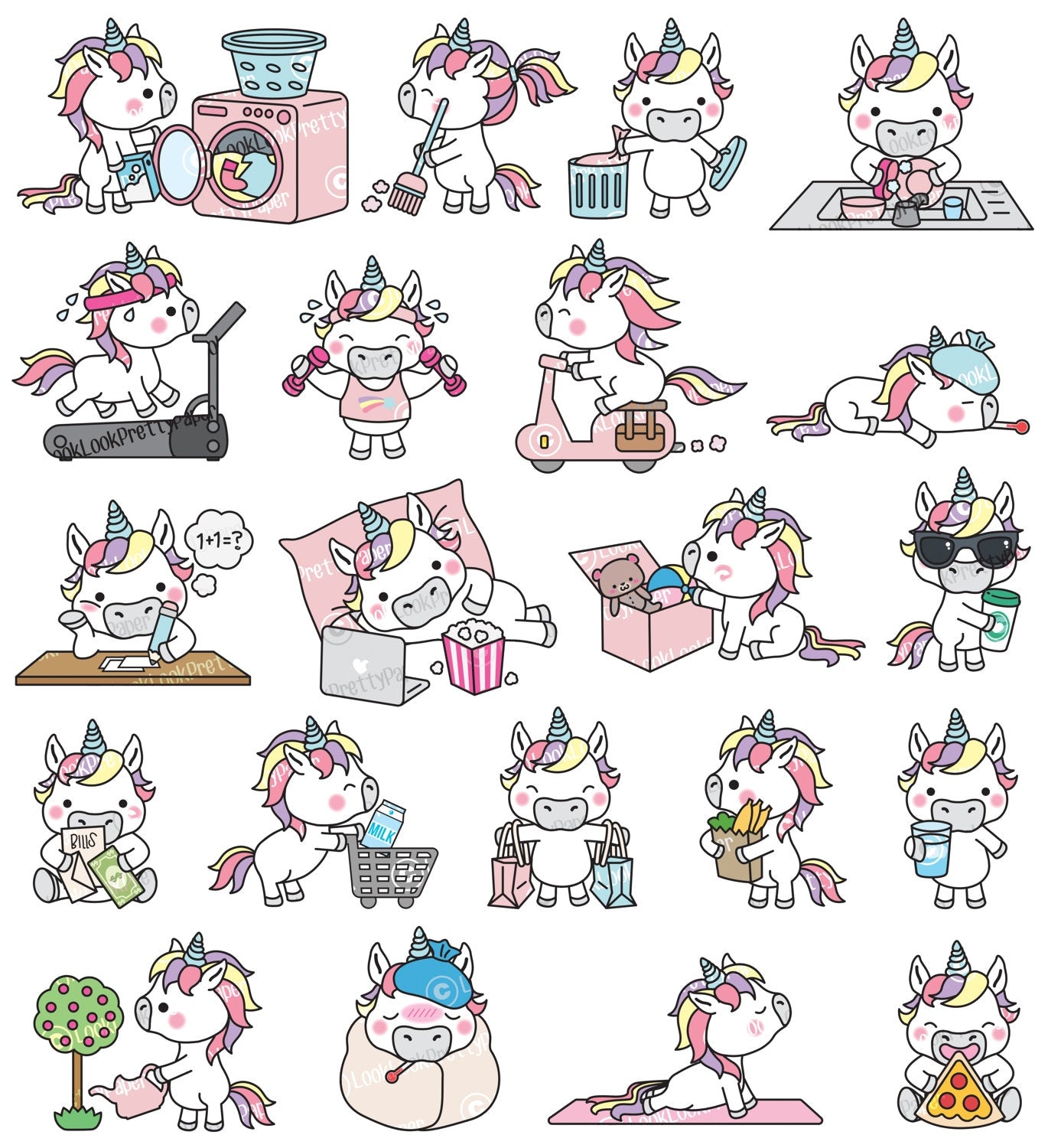 Premium Vector Clipart - Kawaii Unicorn - Cute Unicorn Planning Clipart - Instant Download - Kawaii Clipart