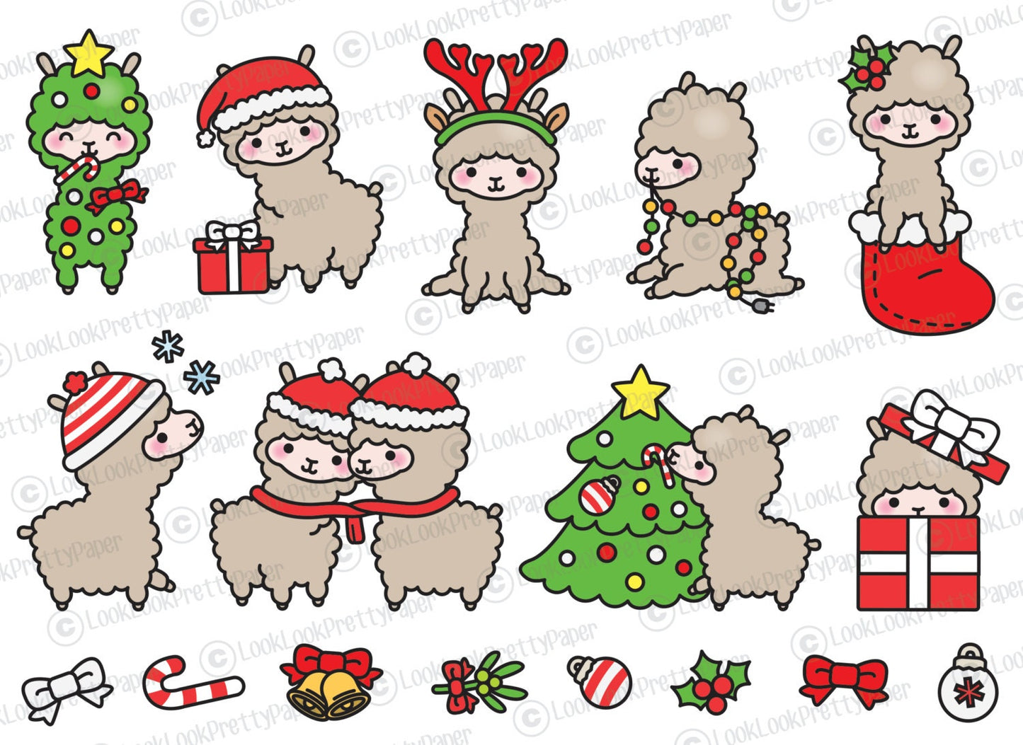 Premium Vector Clipart - Kawaii Christmas Llamas - Cute Christmas Llamas Clipart Set - High Quality Vectors - Kawaii Christmas Clipart