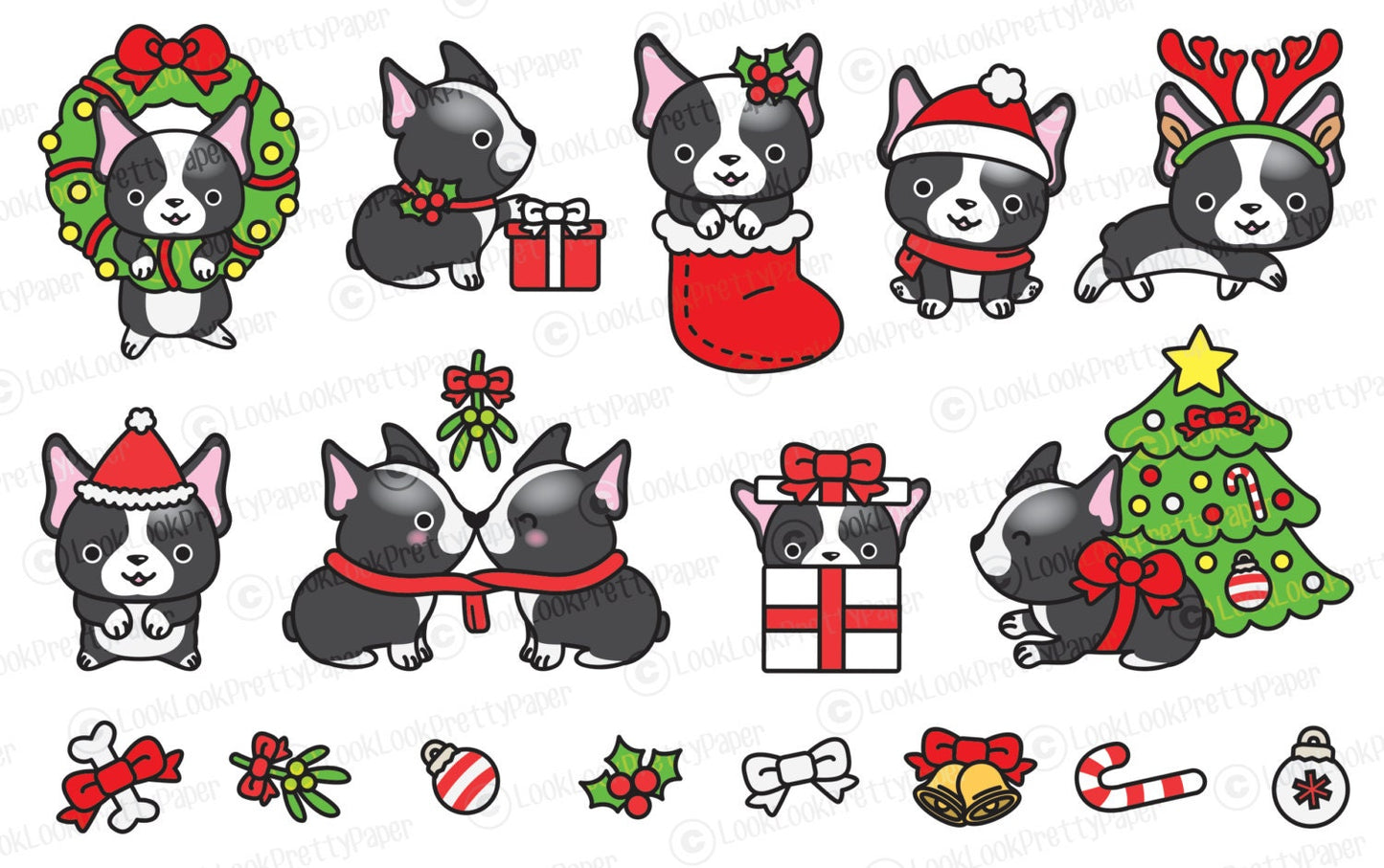 Premium Vector Clipart - Kawaii Christmas Bostons - Cute ChristmasBostonss Clipart Set - High Quality Vectors - Kawaii Christmas Clipart