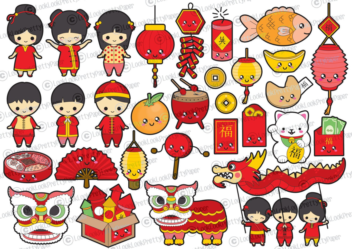 Premium Vector Clipart - Kawaii Chinese New Year Clipart - Big Kawaii Clip Art Set - High Quality Vectors - Instant Download