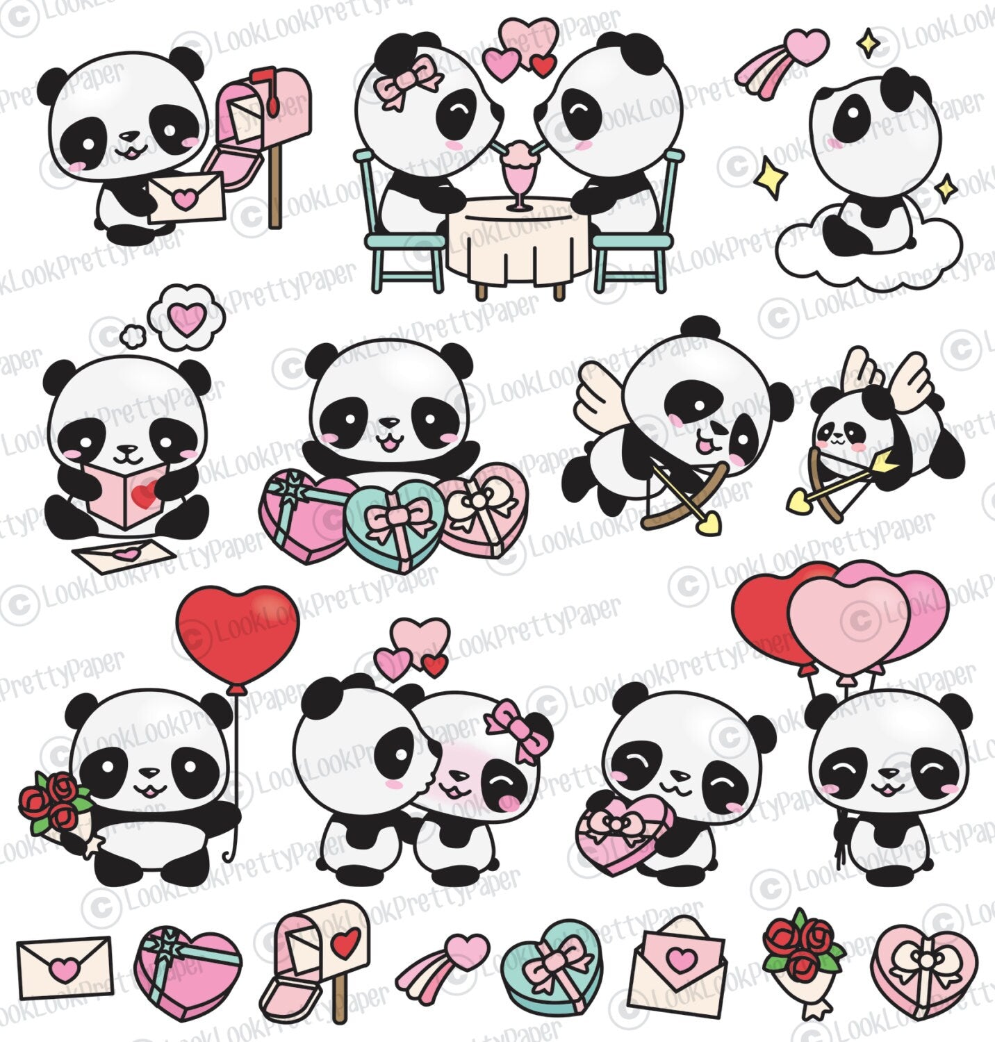 Premium Vector Clipart - Kawaii Valentines Day Pandas - Valentines Day Panda Clipart Set - High Quality Vectors Cute Valentines Day Clipart