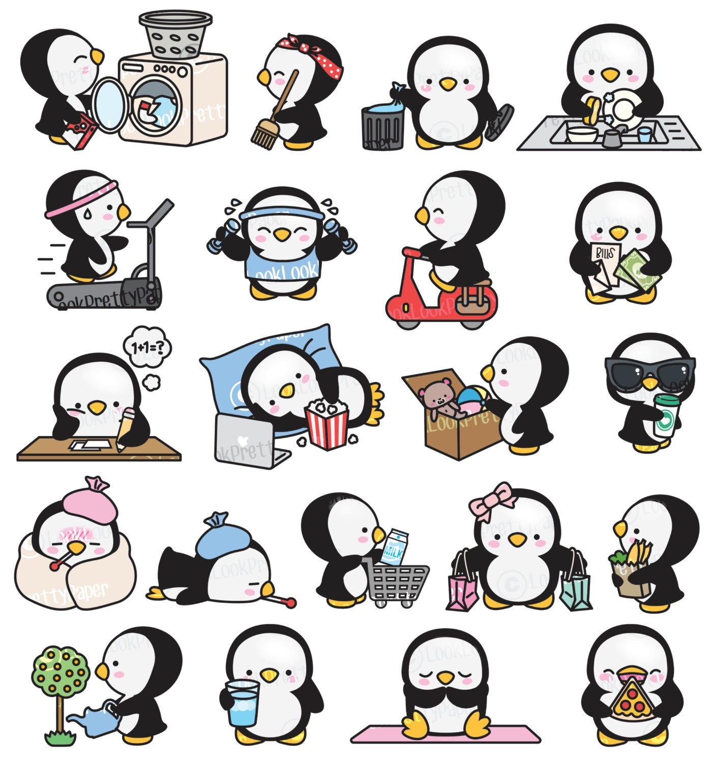 Premium Vector Clipart - Kawaii  Penguin - Cute Penguin Planning Clipart - Instant Download - Kawaii Clipart