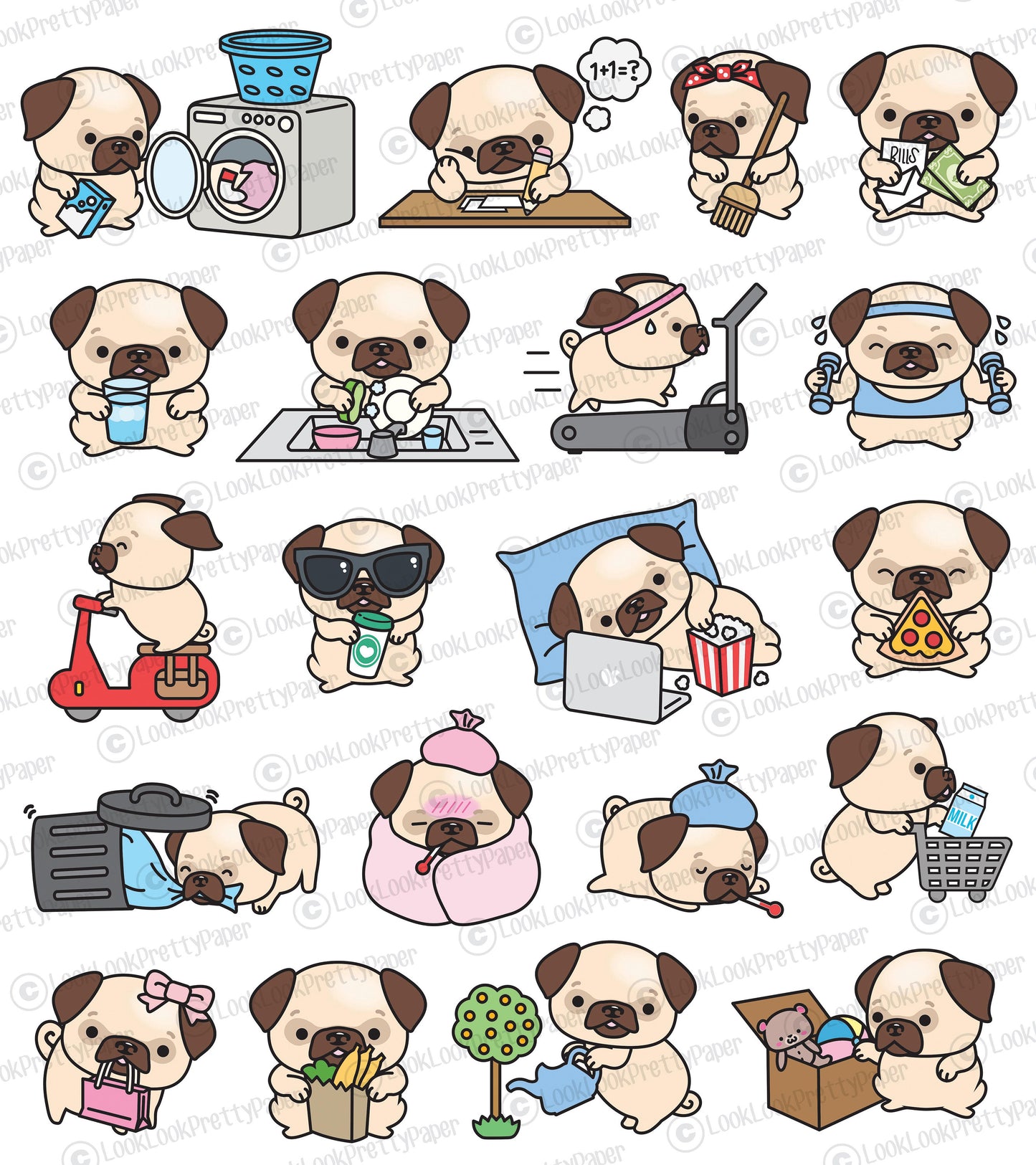 Premium Vector Clipart - Kawaii Pug - Cute Pugs Planning Clipart - Instant Download - Kawaii Clipart