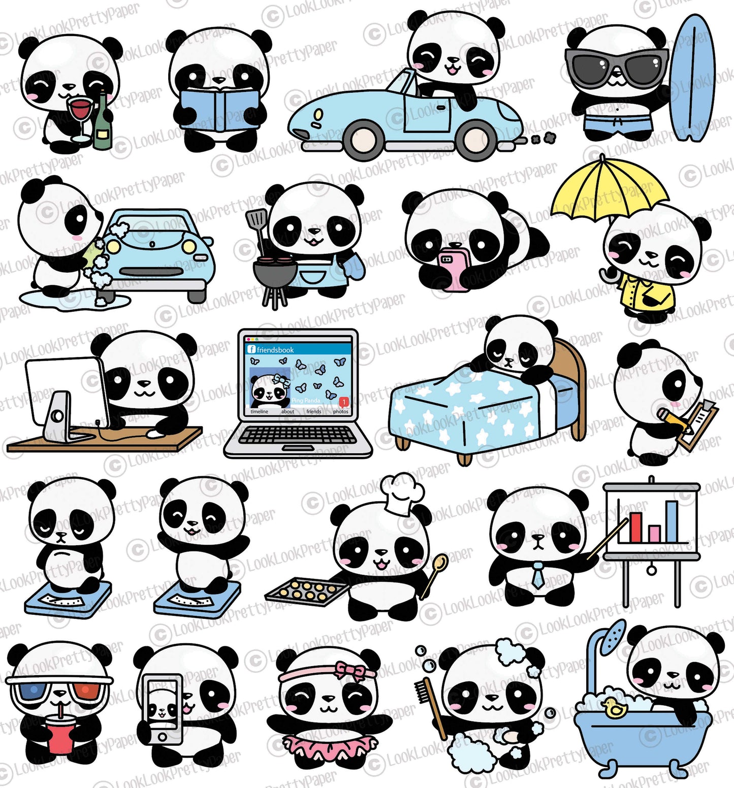 Premium Vector Clipart - Kawaii Panda - Cute Panda Planning Clipart - Even More Pandas - Instant Download - Kawaii Clipart