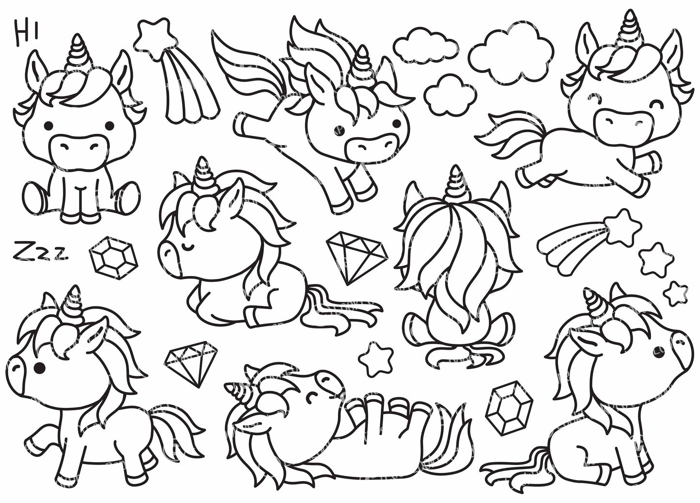 Premium Vector Clipart - Kawaii Unicorns Outlines - Cute Unicorns Outlines Clipart Set - High Quality Vectors - Instant Download