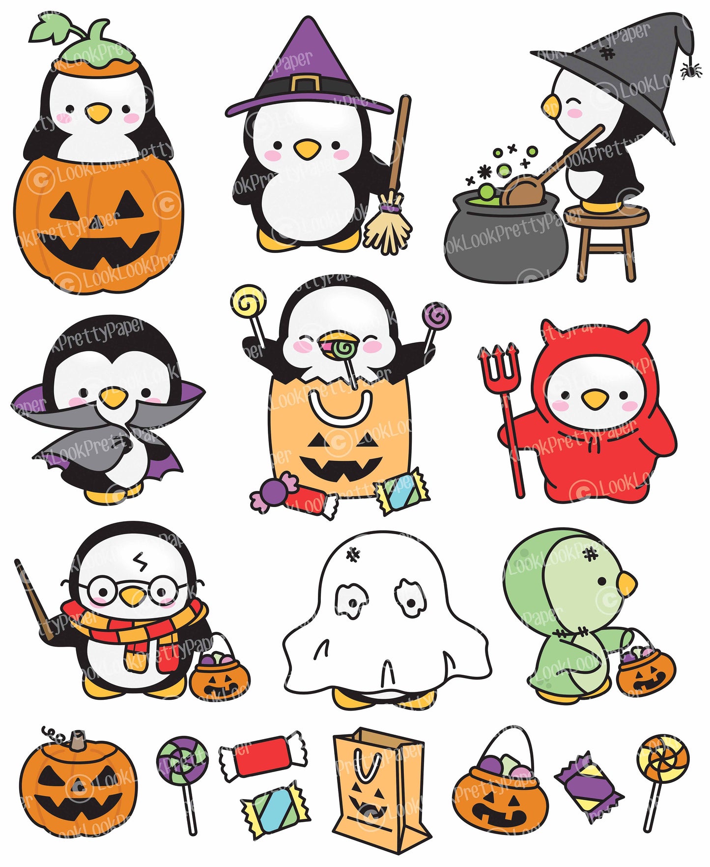 Premium Vector Clipart - Kawaii Halloween Penguins - Cute Halloween Penguins Clipart Set - High Quality Vectors - Kawaii Halloween Clipart