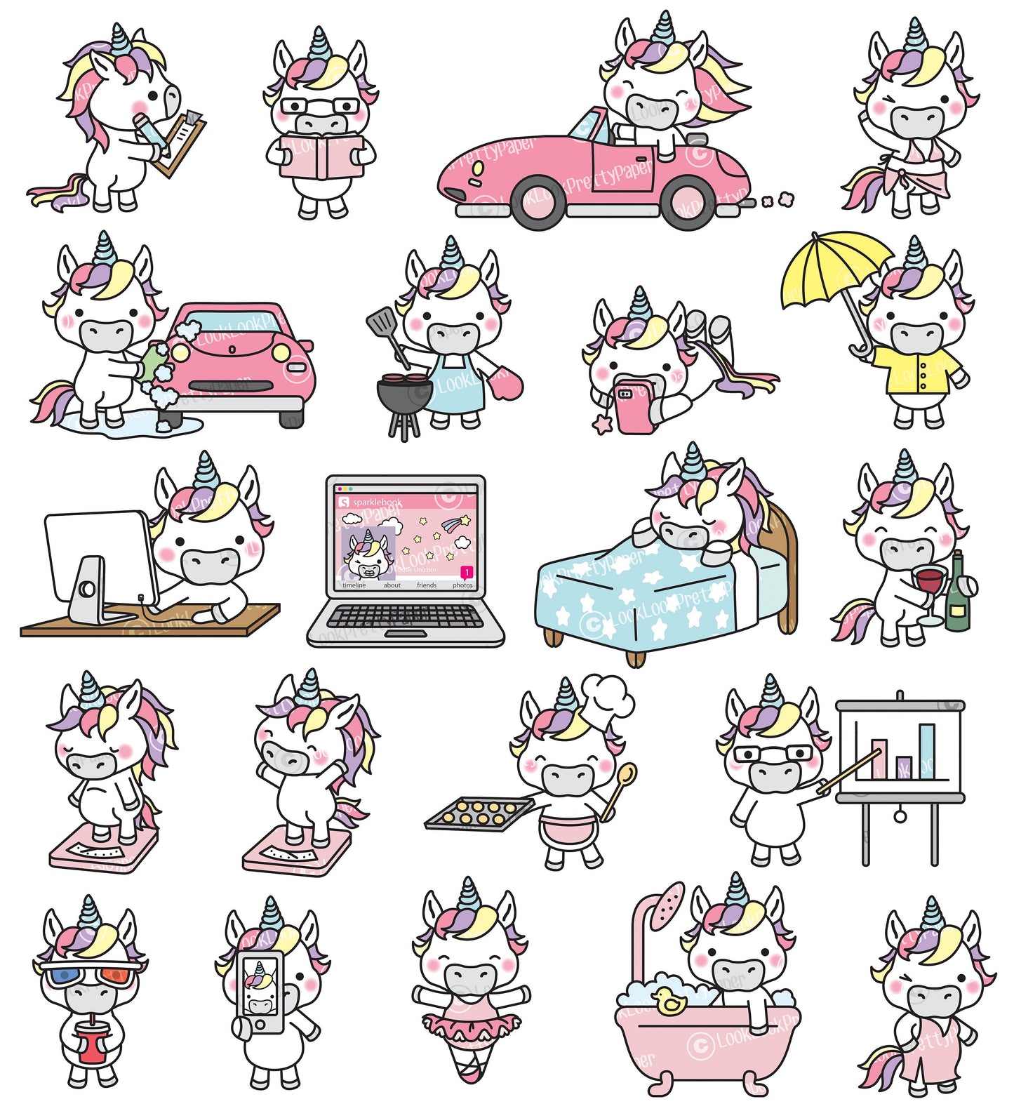 Premium Vector Clipart - Kawaii Unicorn - Cute Unicorn Planning Clipart - Even More Unicorns - Instant Download - Kawaii Clipart