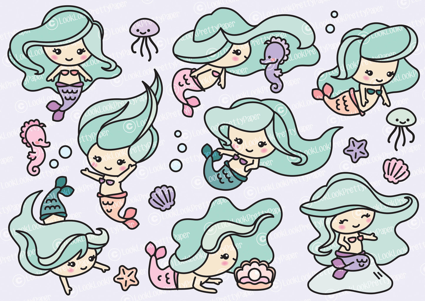 Premium Vector Clipart - Kawaii Mermaids - Cute Mermaids Clipart Set - High Quality Vectors - Instant Download - Kawaii Clipart