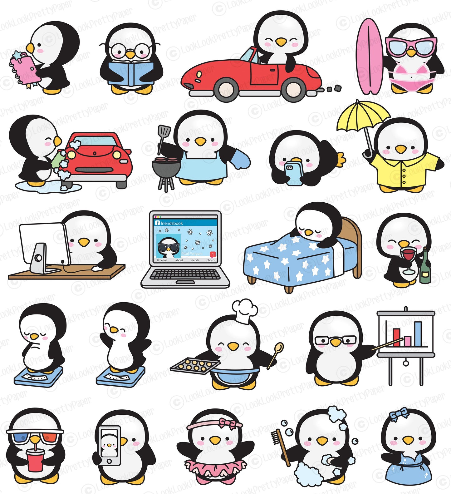 Premium Vector Clipart - Kawaii Penguin - Cute Penguin Planning Clipart - Even More Penguins - Instant Download - Kawaii Clipart