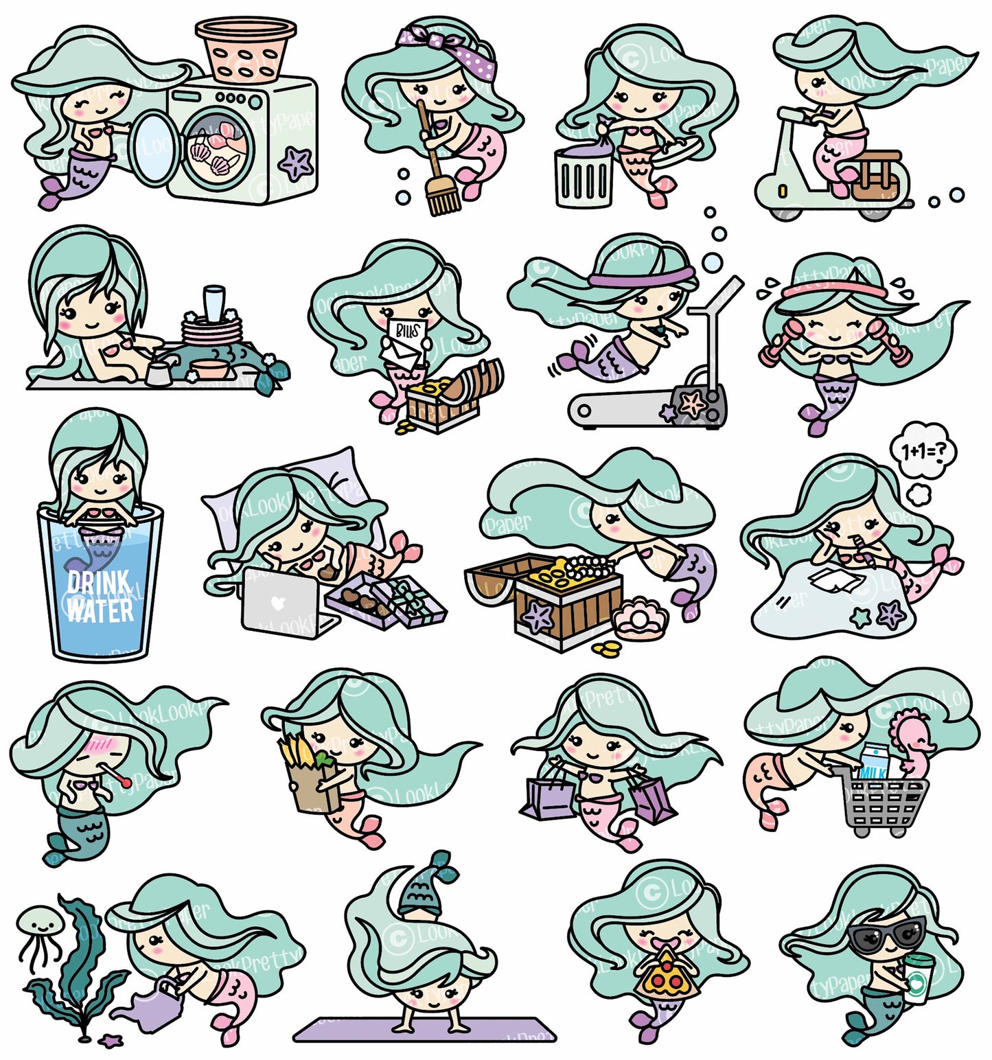 Premium Vector Clipart - Kawaii Mermaid - Cute Mermaids Planning Clipart - Instant Download - Kawaii Clipart