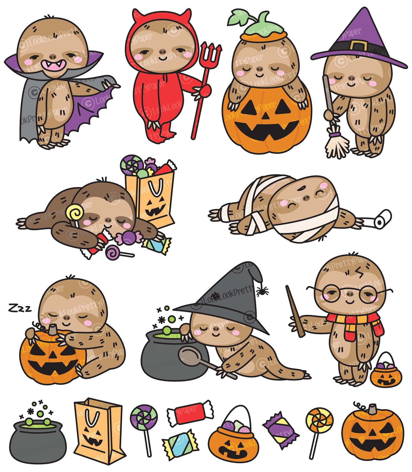 Premium Vector Clipart - Kawaii Halloween Sloths - Cute Halloween Sloths Clipart Set - High Quality Vectors - Kawaii Halloween Clipart