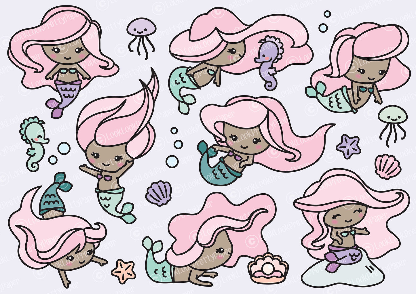 Premium Vector Clipart - Kawaii Mermaids - Cute Mermaids Clipart Set - Colour Variation - High Quality Vectors - Kawaii Clipart