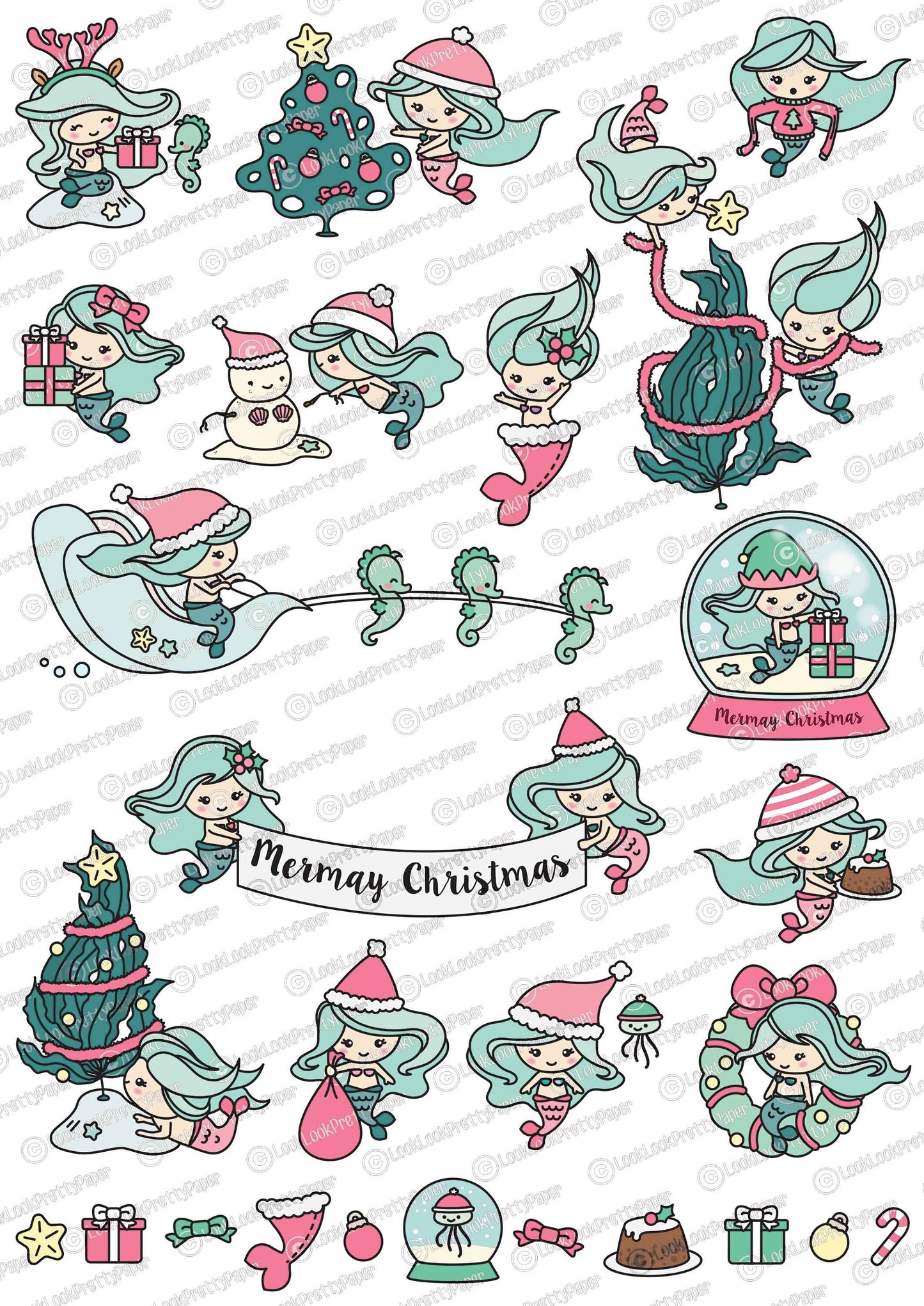 Premium Vector Clipart - Kawaii Christmas Mermaids - Cute Christmas Mermaid Clipart Set - High Quality Vectors - Kawaii Christmas Clipart