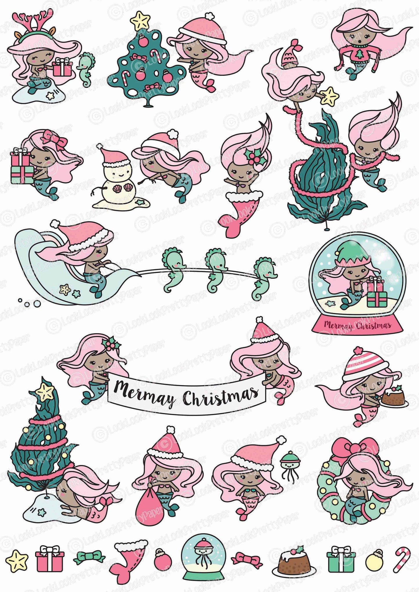 Premium Vector Clipart - Kawaii Christmas Mermaids - Cute Christmas Mermaid Clipart Set - Darker Skin Tone - Kawaii Christmas Clipart