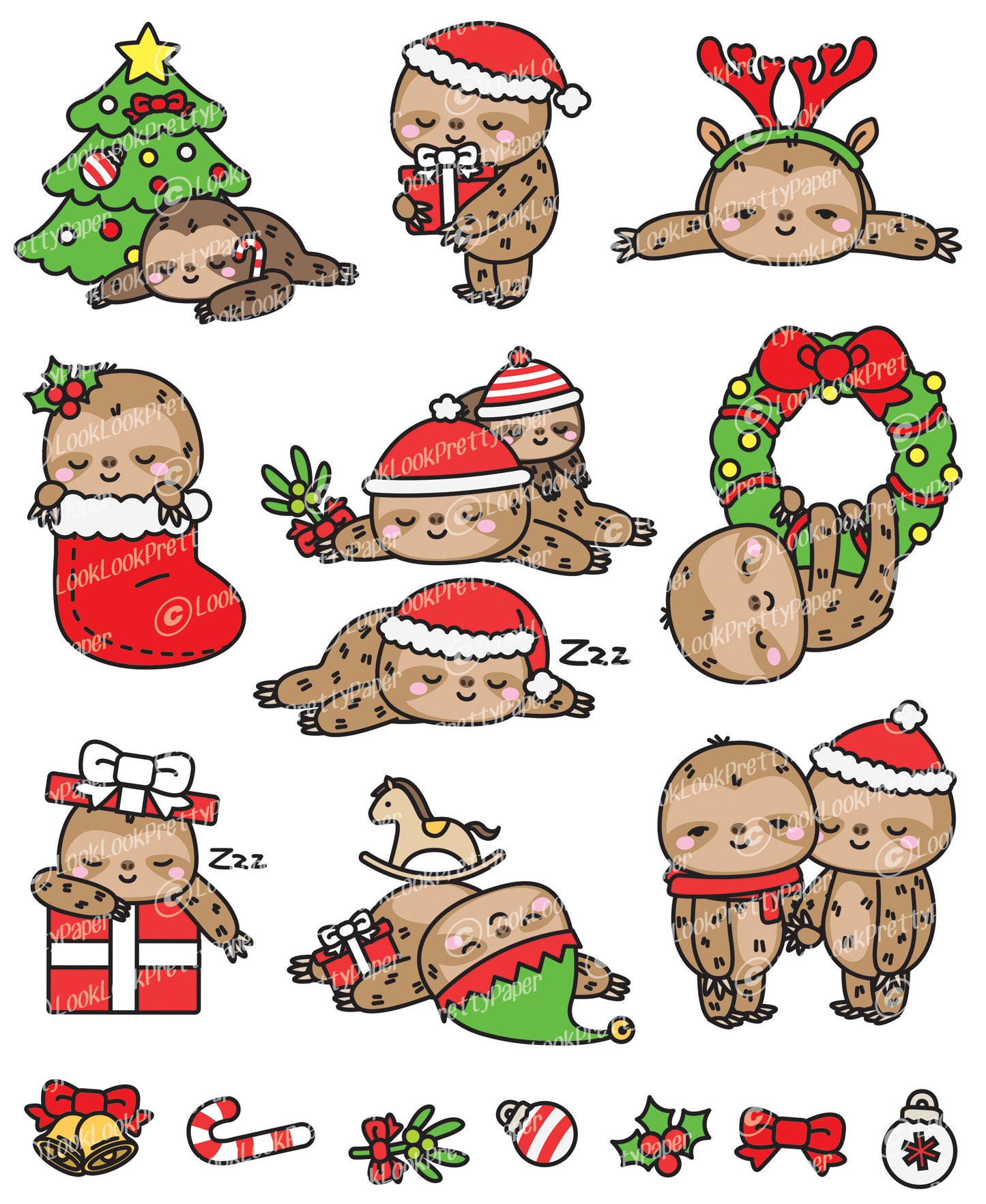 Premium Vector Clipart - Kawaii Christmas Sloths - Cute Christmas Sloths Clipart Set - High Quality Vectors - Kawaii Christmas Clipart