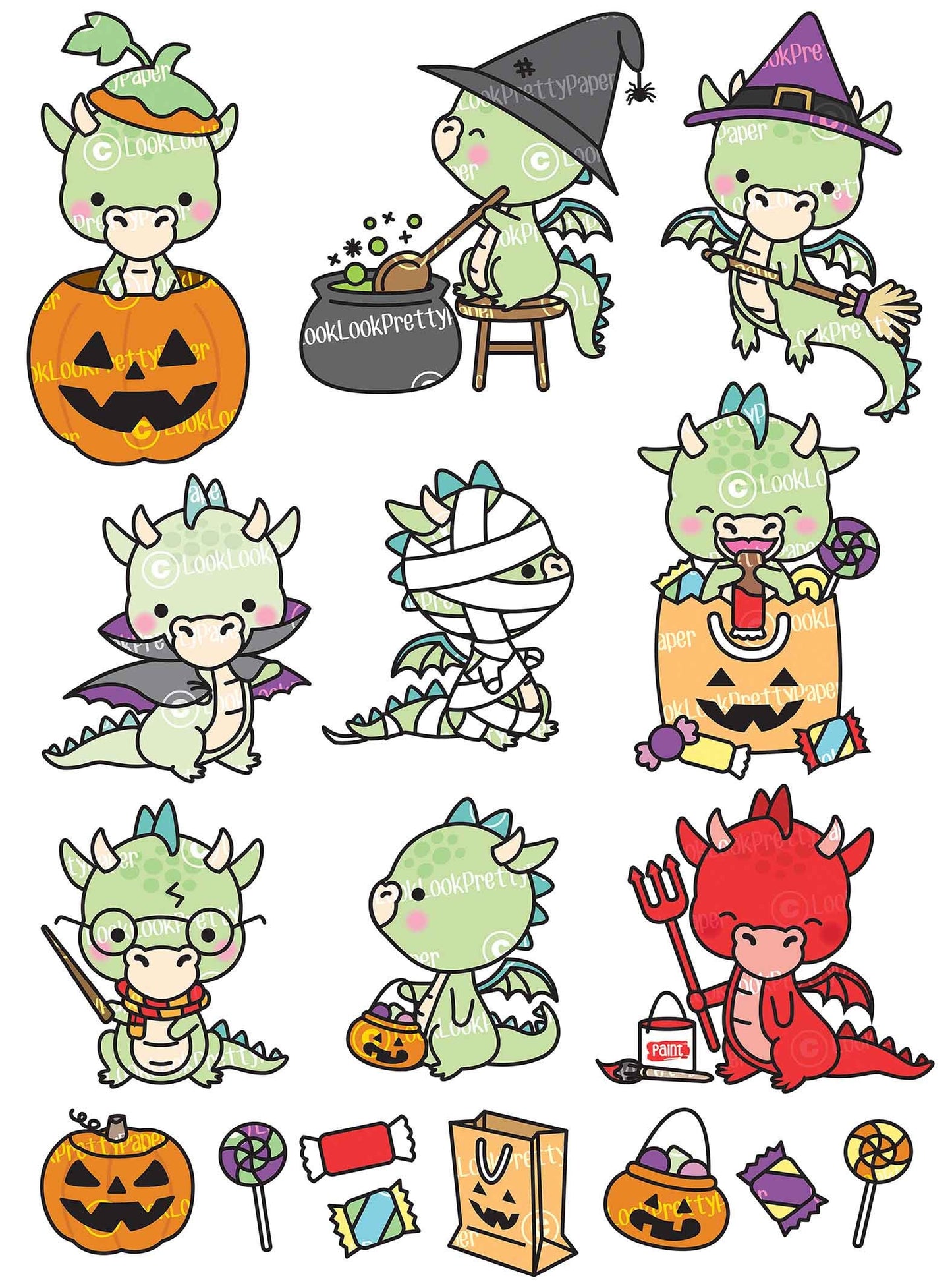 Premium Vector Clipart - Kawaii Halloween Dragons - Cute Halloween Dragons Clipart Set - High Quality Vectors - Kawaii Halloween Clipart