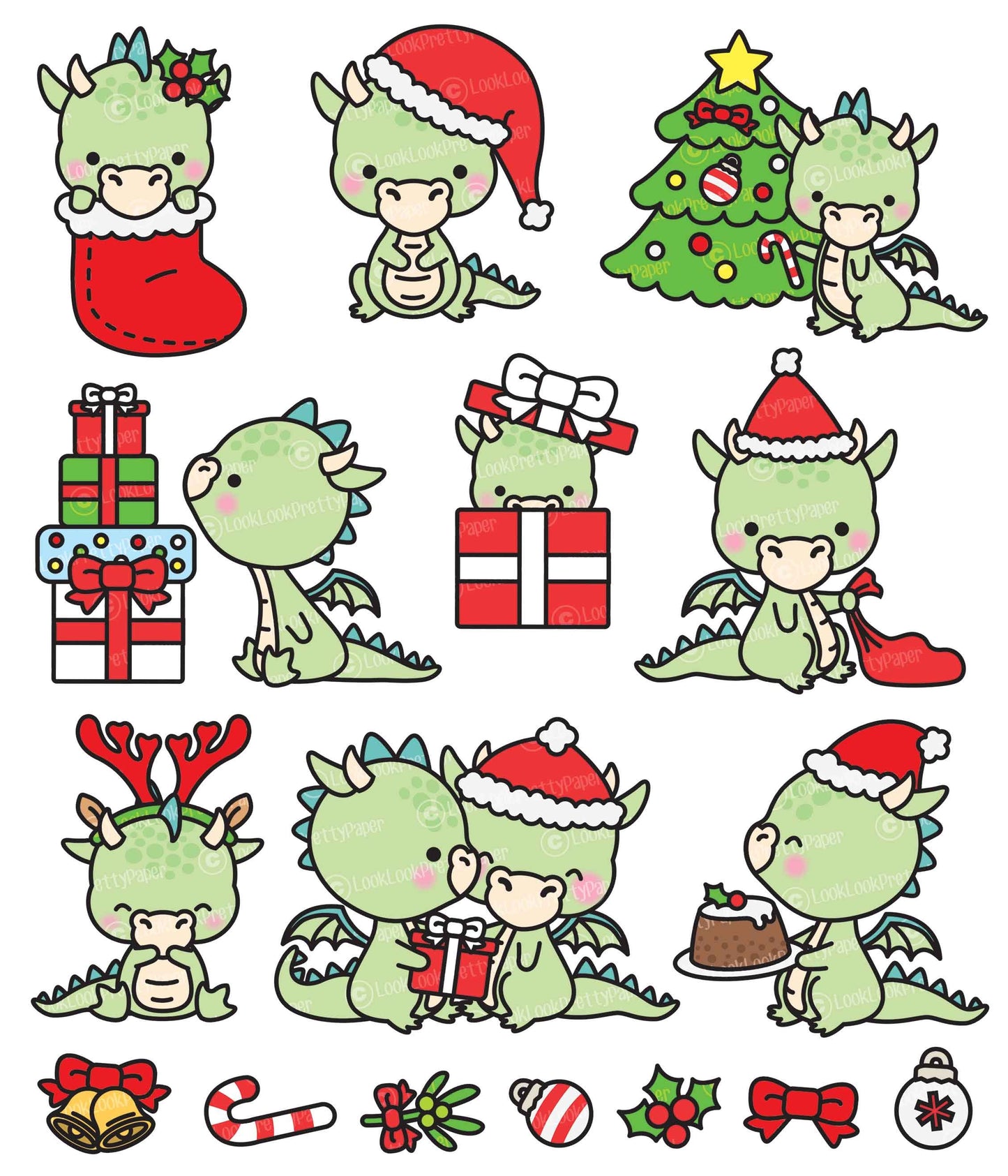 Premium Vector Clipart - Kawaii Christmas Dragons - Cute Christmas Dragons Clipart Set - High Quality Vectors - Kawaii Christmas Clipart