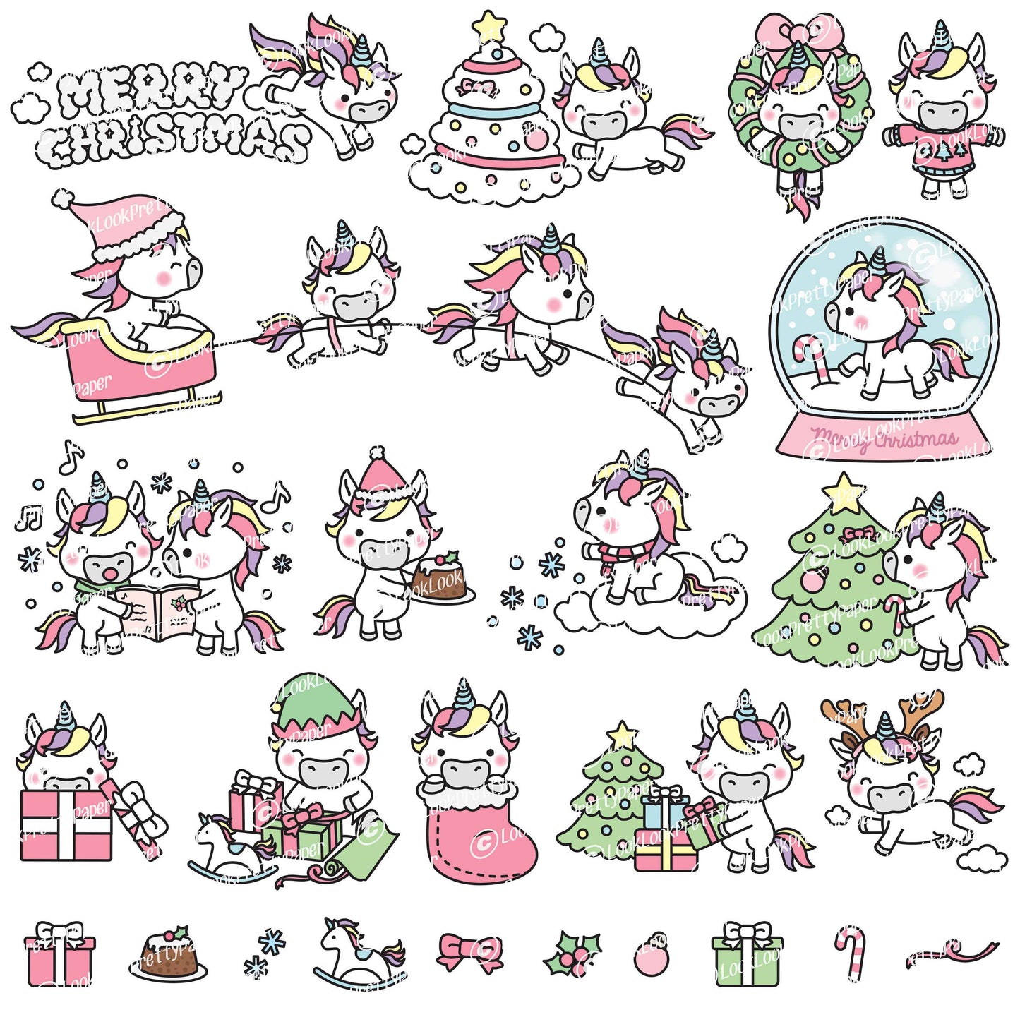 Premium Vector Clipart - Kawaii Christmas Unicorns - Cute Christmas Unicorns Clipart Set - High Quality Vectors - Kawaii Christmas Clipart