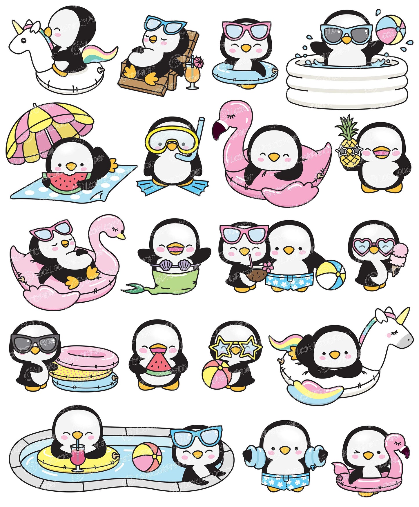 Premium Vector Clipart - Kawaii Penguin - Cute Penguin Pool Party Clipart - Pool Party - Instant Download - Kawaii Clipart