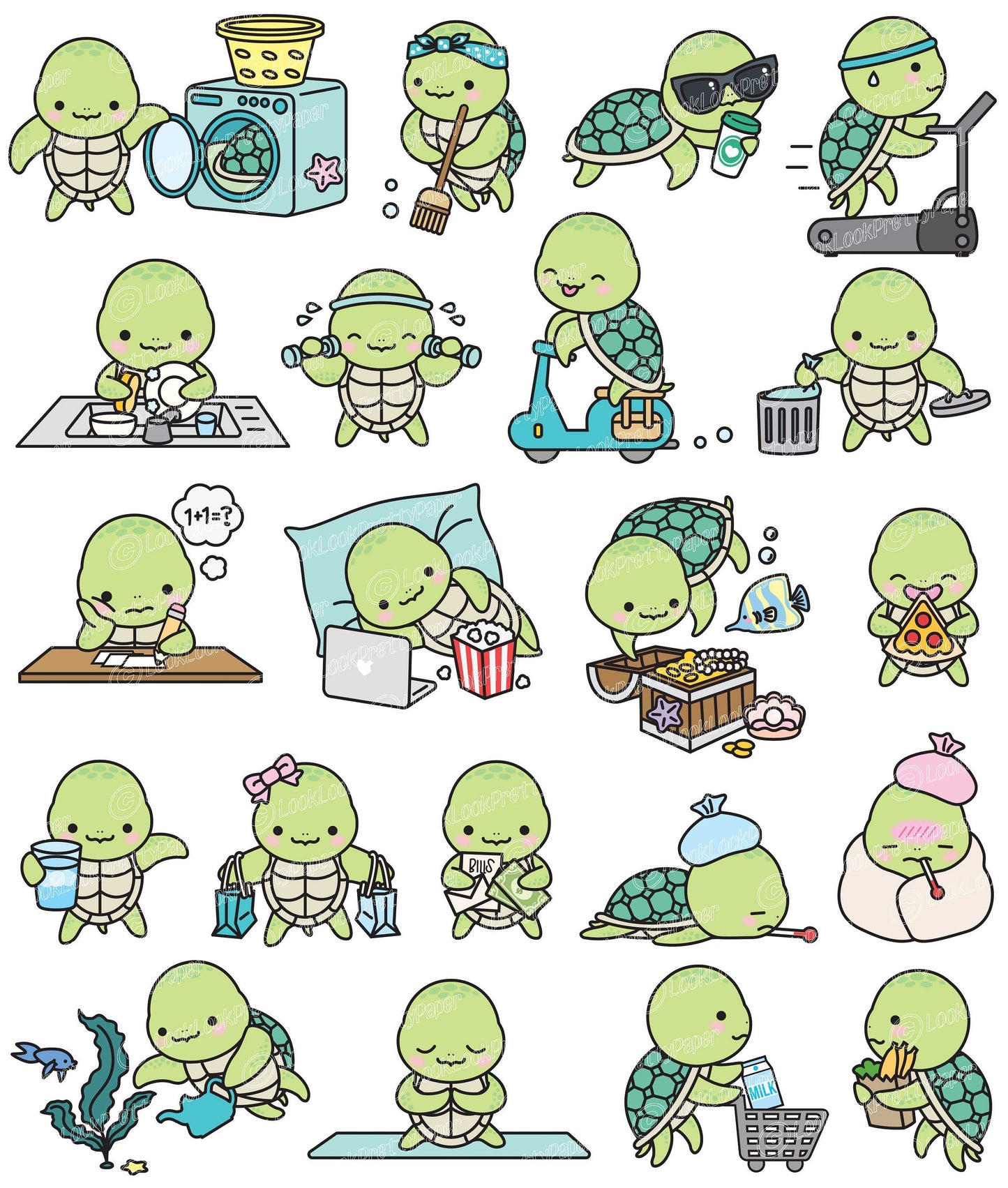 Premium Vector Clipart - Kawaii Turtle - Cute Sea Turtle Planning Clipart - Instant Download - Kawaii Clipart