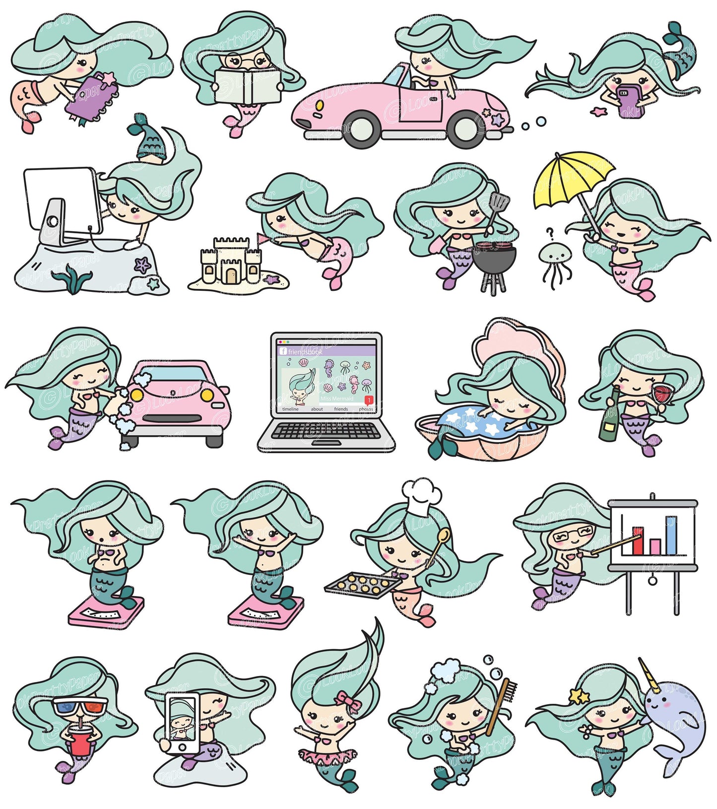 Premium Vector Clipart - Kawaii Mermaid - Cute Mermaid Clipart - Even More Mermaids - Instant Download - Kawaii Clipart