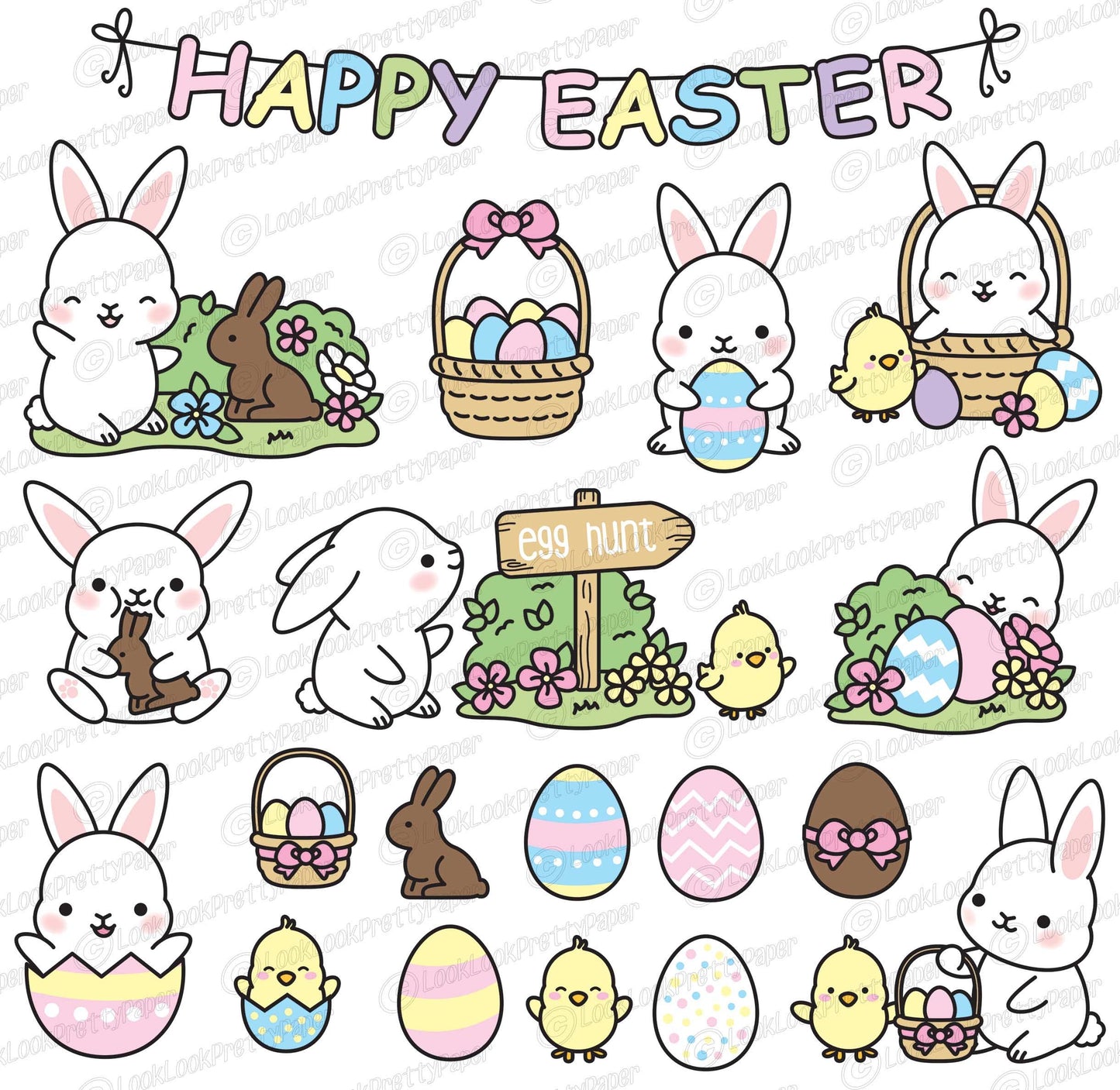 Premium Vector Clipart - Kawaii Easter - Cute Easter Clipart Set - Easter Bunny - High Quality Vectors - Kawaii Christmas Clipart