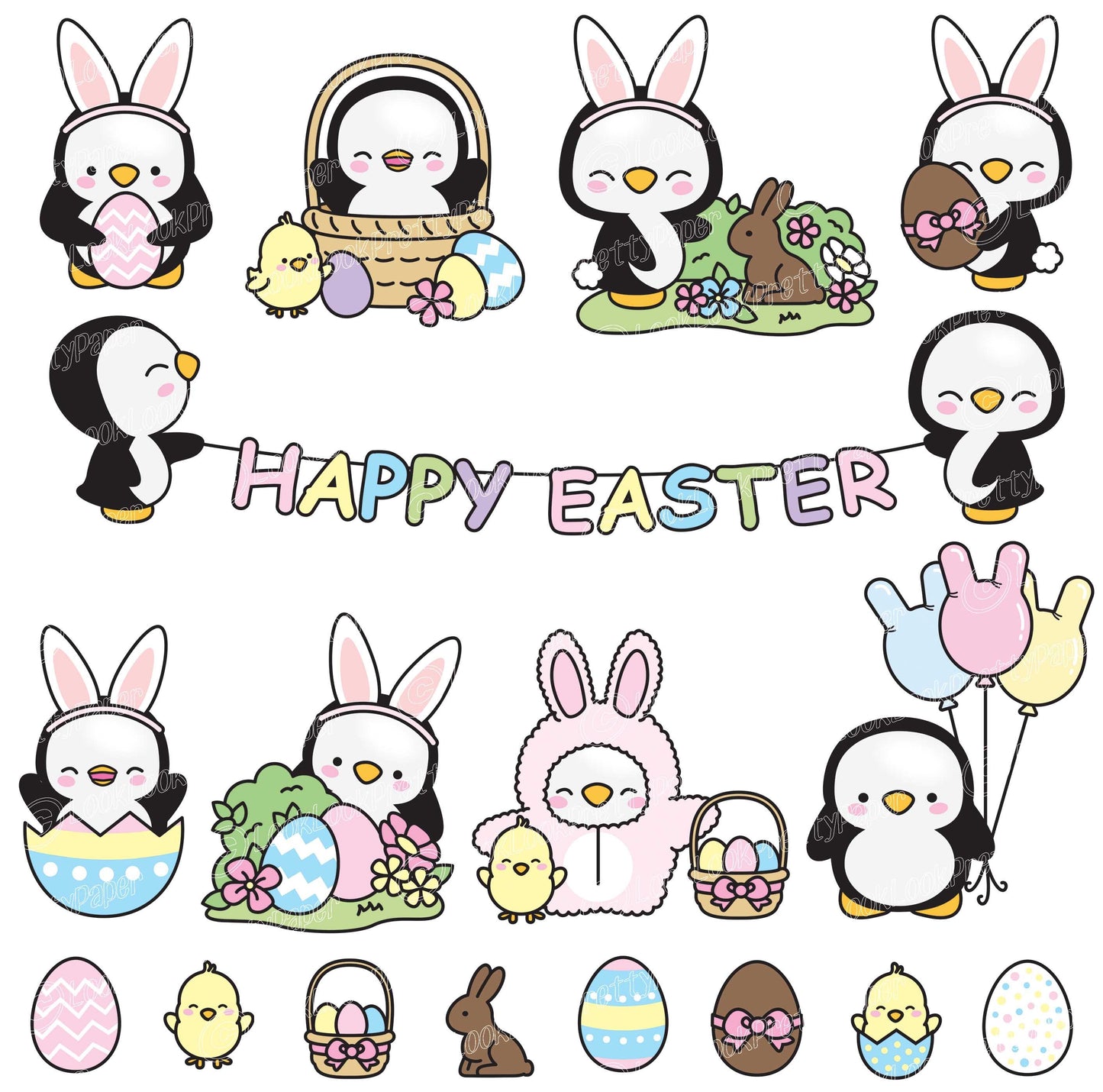 Premium Vector Clipart - Kawaii Easter Penguins - Cute Easter Penguins Clipart Set - High Quality Vectors - Kawaii Easter Clipart