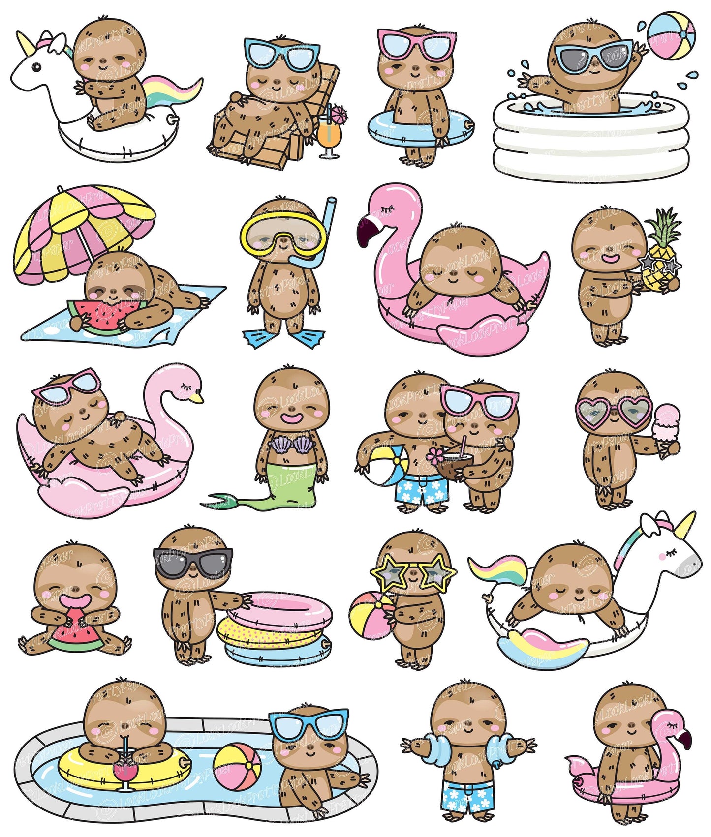 Premium Vector Clipart - Kawaii Sloth - Cute Sloth Pool Party Clipart - Pool Party - Instant Download - Kawaii Clipart