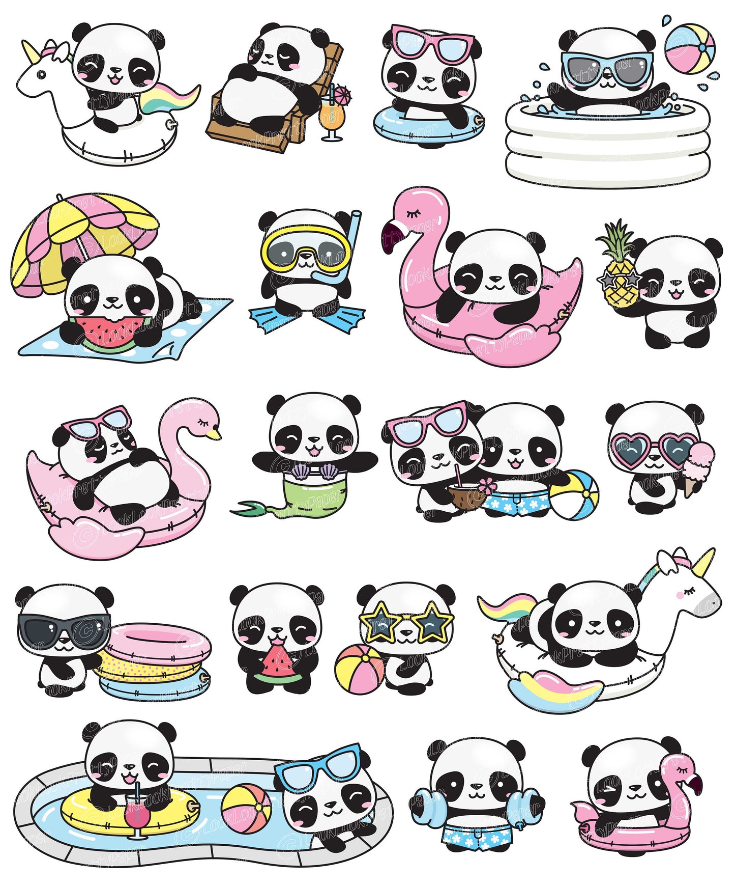 Premium Vector Clipart - Kawaii Panda - Cute Panda Pool Party Clipart - Pool Party - Instant Download - Kawaii Clipart