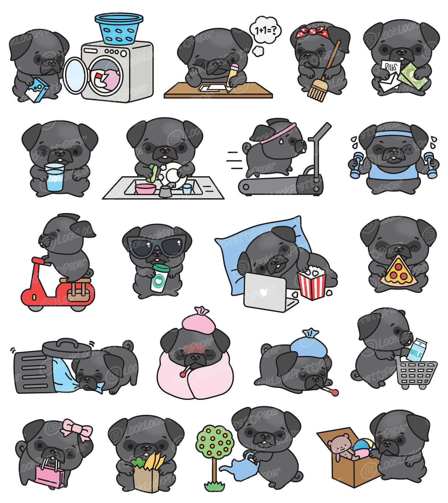 Premium Vector Clipart - Kawaii Black Pug - Cute Black Pugs Planning Clipart - Instant Download - Kawaii Clipart