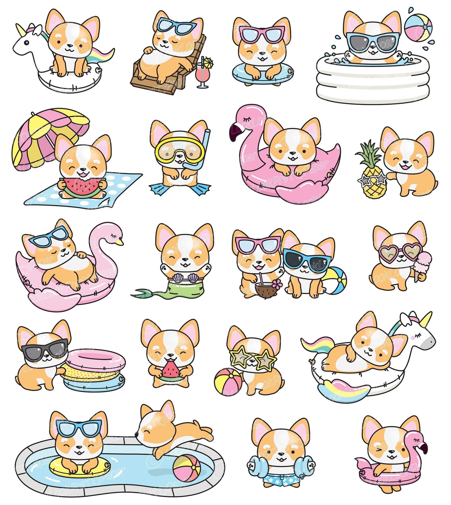 Premium Vector Clipart - Kawaii Corgi - Cute Corgi Pool Party Clipart - Pool Party - Instant Download - Kawaii Clipart